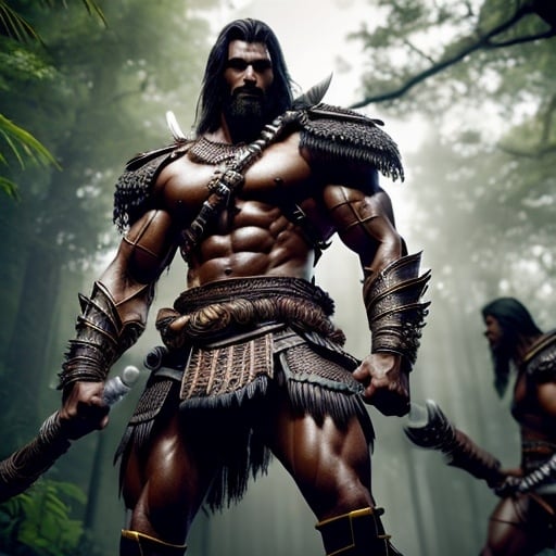Prompt: Photorealistic depiction of 6 feet tall Amazon Warriors, uber detailed, high quality, sharp focus, intricate details, well-muscled and fit, symmetrical bodies, fending off male intruders, forest setting, intense action, muscular physique, realistic anatomy, detailed weaponry, professional, intense lighting, hyper realistic, highly detailed, best quality