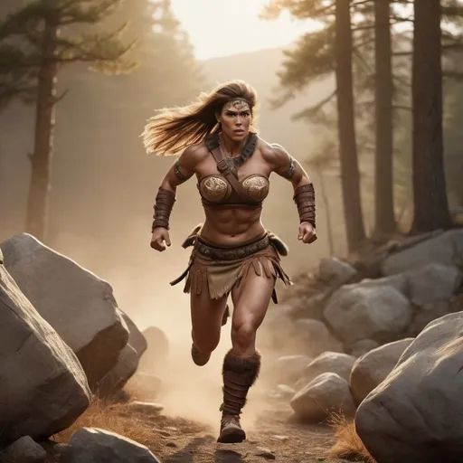 Prompt: Hyperrealistic, photorealistic, several Barbarian females, fit and muscled physique, 34C-25-33, Full Body shot running into battle, Rocky terrain, high quality, Golden Hour realistic lighting, earth tones, lifelike, realistic, forest setting