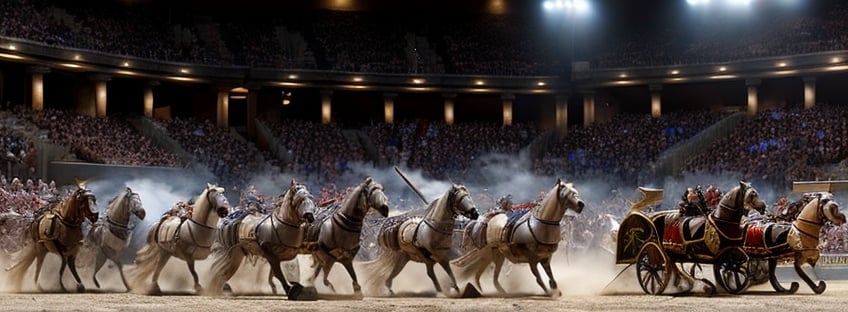 Prompt: Hyper-realistic photorealistic photograph of a Roman chariot race, midrange view, dusty arena filled with spectators, intense action and drama, detailed Roman architecture, high definition, realistic, historical, action-packed, dramatic lighting, realistic crowd, ancient, intense movement, detailed horses, realistic chariots, grand spectacle.