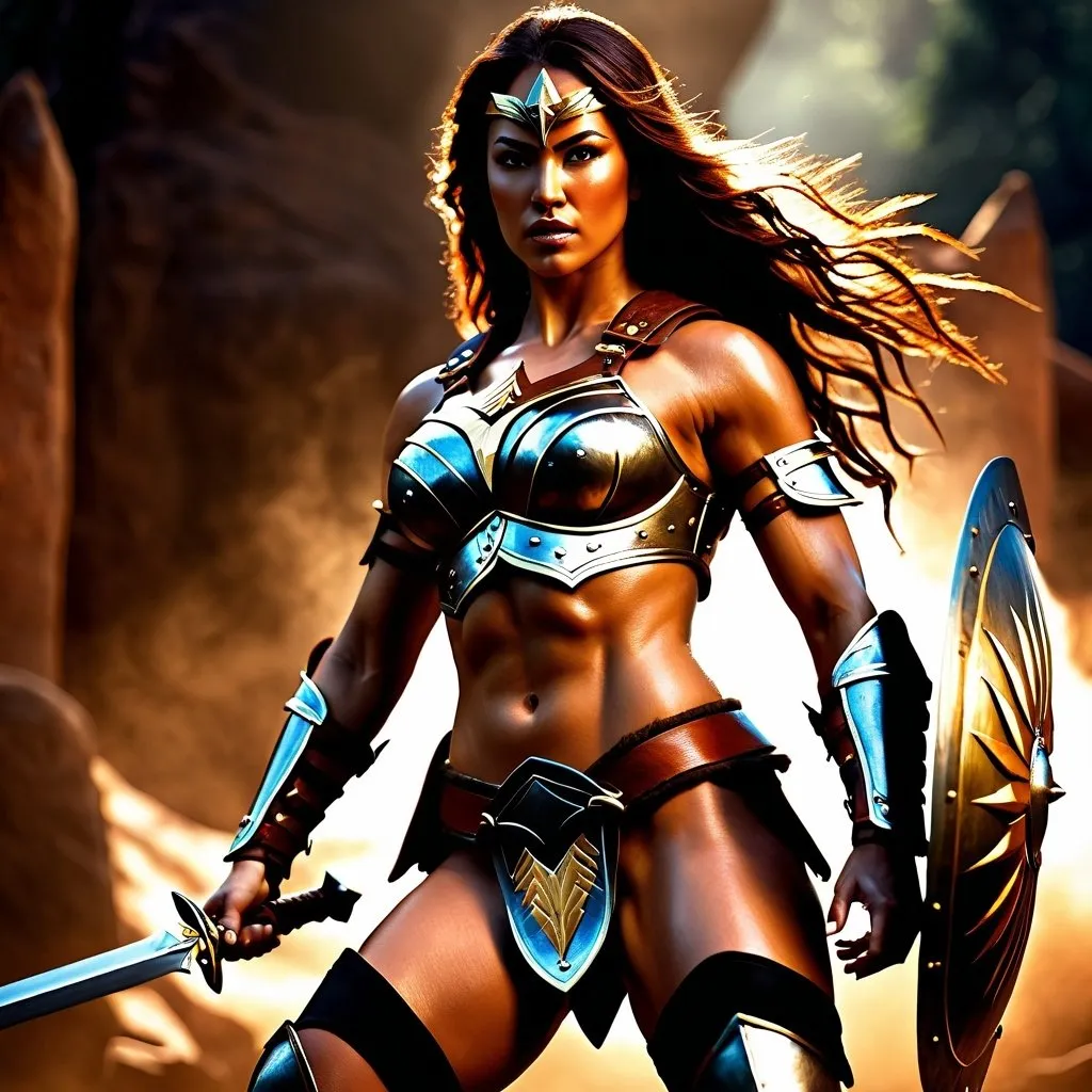 Prompt: hyper-realistic, Photorealistic, 4k, 3D, fierce female Amazon warriors, arena battle, intense battle scene, Breastplate armor, short leather loincloths, heavily muscled, full body shot, realistic, intense action, muscular physique, detailed features, detailed armor and weapons, high quality, realistic, historical art, warm, earthy tones, dramatic lighting, dramatic shadows, epic battle, high quality, intense, earthy tones, mid-afternoon lighting, natural lighting, realism

