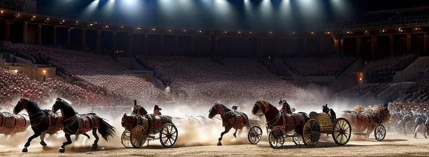 Prompt: Hyper-realistic photorealistic photograph of a Roman chariot race, dusty arena filled with spectators, intense action and drama, detailed Roman architecture, high definition, realistic, historical, action-packed, dramatic lighting, realistic crowd, ancient, intense movement, detailed horses, realistic chariots, grand spectacle