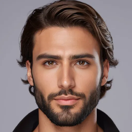 Prompt: side view Composite face of a 30-year-old man, hyper-realistic, photorealistic, Well-Defined Brow Ridge, deep-set hazel eyes, strong chiseled jawline and chin, short wavy hair with short full beard, high cheekbones, symmetrical, subtle contour nose, defined nostrils, defined lips, tanned complexion, high quality, photorealism, detailed features, realistic, symmetrical, hazel eyes, chiseled jawline, wavy hair, full beard, high cheekbones, detailed nose, photorealistic lighting