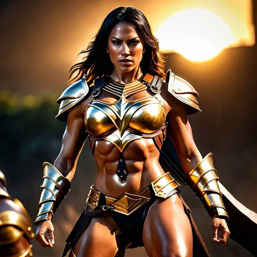 Prompt: hyper-realistic, Photorealistic, 4k, fierce female Amazon warriors, arena battle, Breastplate armor, short leather loincloths, heavily muscled, full body shot, golden hour lighting, realistic, intense action, muscular physique, detailed features, dramatic shadows, epic battle, high quality, intense, natural lighting, realism