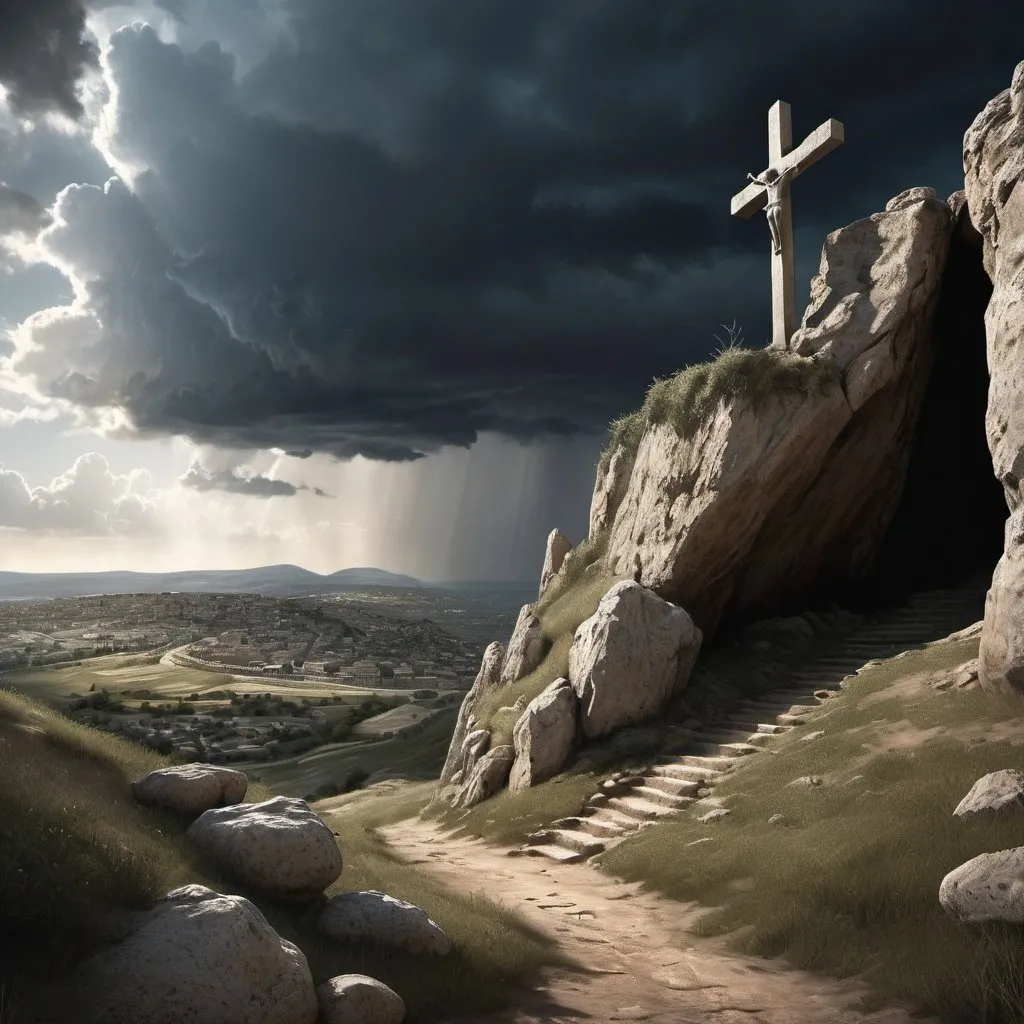 Prompt: Hyper realist, photorealistic, Sharp details, Very detailed, cave mouth view, Golgotha, gentle slope in the near distance, 30 C.E., crucifixion scene, 3 men crucified at the brow of the hill, prominent Center cross, gathering storm clouds, historical, intense realism, dramatic lighting, highres, detailed landscape, realistic textures, realistic atmosphere