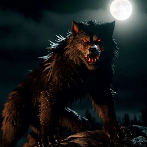 Prompt: Hyperrealism, dark forest, snarling giant werewolf, on a hill, moon behind, dripping blood, menacing, front claws raised, photorealistic, detailed fur, intense gaze, horror, supernatural, highres, ultra-detailed, professional, atmospheric lighting, detailed glowing red eyes, sinister, medium tones, menacing atmosphere