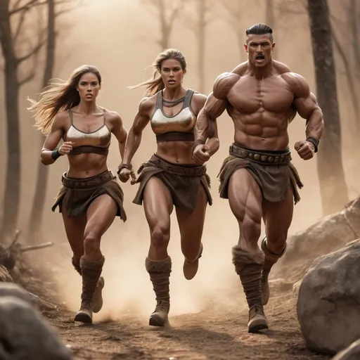 Prompt: bare-breasted male and female barbarians in breechclouts, fit and muscled physique, Full Body shot running into battle, Rocky terrain, high quality, Golden Hour realistic lighting, earth tones, lifelike, realistic, forest setting