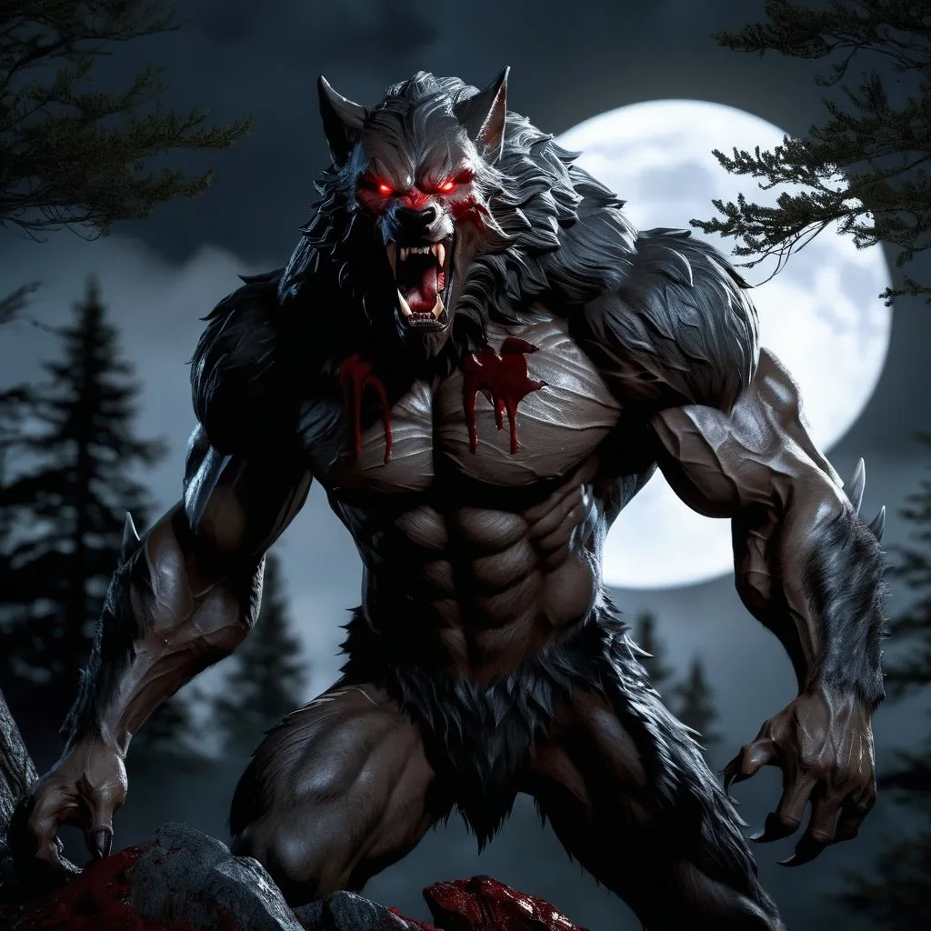 Prompt: Hyperrealism, darkened forest, snarling giant, heavily muscled, werewolf, on a hill, moon in background, dripping blood, menacing, front claws raised, photorealistic, detailed fur, intense gaze, Eyes glowing, horror, supernatural, highres, ultra-detailed, professional, atmospheric lighting, detailed glowing red eyes, sinister, medium tones, menacing atmosphere