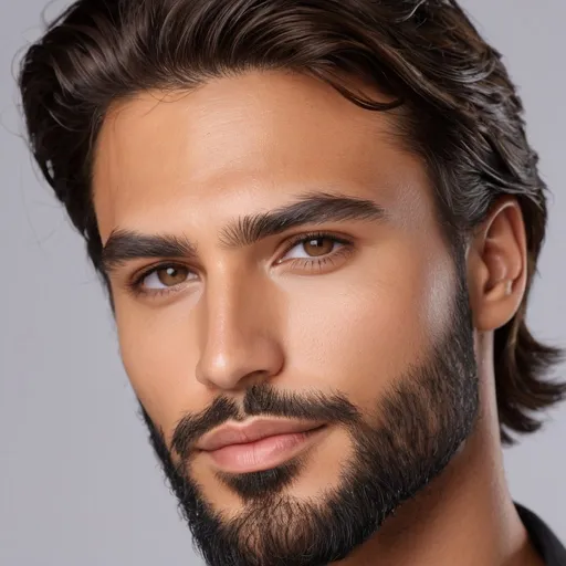 Prompt: side view Composite face of a 30-year-old man, hyper-realistic, photorealistic, Well-Defined Brow Ridge, deep-set hazel eyes, strong chiseled jawline and chin, short wavy hair, tapering at the back, with moderately full beard, high cheekbones, symmetrical, subtle contour nose, defined nostrils, defined lips, tanned complexion, high quality, photorealism, detailed features, realistic, symmetrical, hazel eyes, chiseled jawline, wavy hair, full beard, high cheekbones, detailed nose, photorealistic lighting