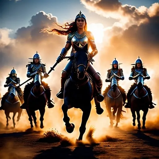 Prompt: Group of female Amazon warriors charging, bare-breasted, their queen in front, charging on horseback, intense battle scene, ancient warfare, detailed armor and weapons, dynamic action, high quality, realistic, historical art, Golden Hour at dawn, warm, earthy tones, dramatic lighting