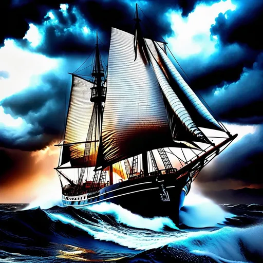 Prompt: Photorealistic, hyper realistic, sailing ship in a bad storm, turbulent waves, dark and foreboding clouds, water droplets on the ship's surface, dramatic lighting, intense details, high quality, stormy seas, realistic ship, dramatic atmosphere, turbulent weather, detailed waves, professional, atmospheric lighting