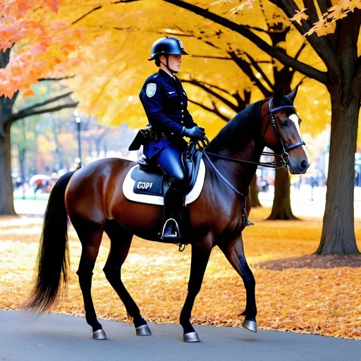 Prompt: Hyperrealistic, super detailed, Cop on horse patrol on the Boston Common, Uniform black leather Boston police jacket, Jodhpurs (Dark blue with red stripe on legs) black riding boots, BPD helmet, realistic horse anatomy, crisp New England fall atmosphere, photorealistic, high quality, hyperrealism, detailed uniform, professional, Natural lighting, iconic Boston landmark, traditional art style, precise brushwork, autumnal foliage, realistic horse mane