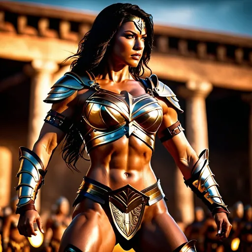 Prompt: hyper-realistic, Photorealistic, 4k, fierce female Amazon warriors, arena battle, Breastplate armor, short leather loincloths, heavily muscled, full body shot, golden hour lighting, realistic, intense action, muscular physique, detailed features, dramatic shadows, epic battle, high quality, intense, natural lighting, realism