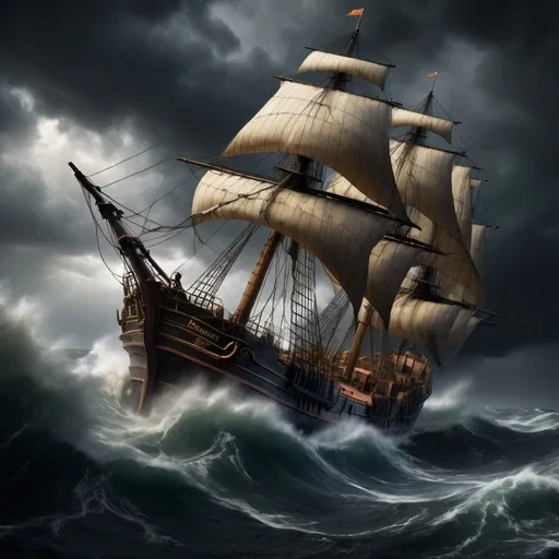 Prompt: Photorealistic, hyperrealistic, Rembrandt van Rijn style, ship battling storm at sea, dark and gloomy atmosphere, turbulent waves, dramatic lighting, detailed ship structure, realistic sea spray, intense struggle, high quality, stormy seas, realistic ship, dramatic lighting, detailed waves, gloomy ambiance