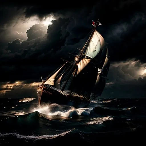 Prompt: Photorealistic, hyper-realistic, schooner sailing on stormy sea, battling to reach port, dramatic waves crashing, ominous dark clouds, detailed ship structure, intense and chaotic atmosphere, high quality, realistic, dramatic lighting, stormy seascape