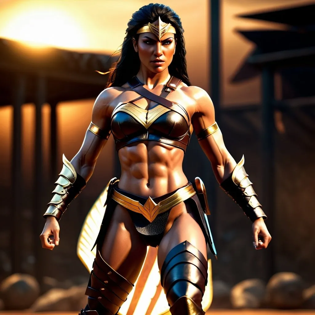 Prompt: hyper-realistic, Photorealistic, 4k, fierce female Amazon warriors, arena battle, stripped to the waist, short leather loincloths, heavily muscled, full body shot, golden hour lighting, realistic, intense action, muscular physique, detailed features, dramatic shadows, epic battle, high quality, intense, natural lighting