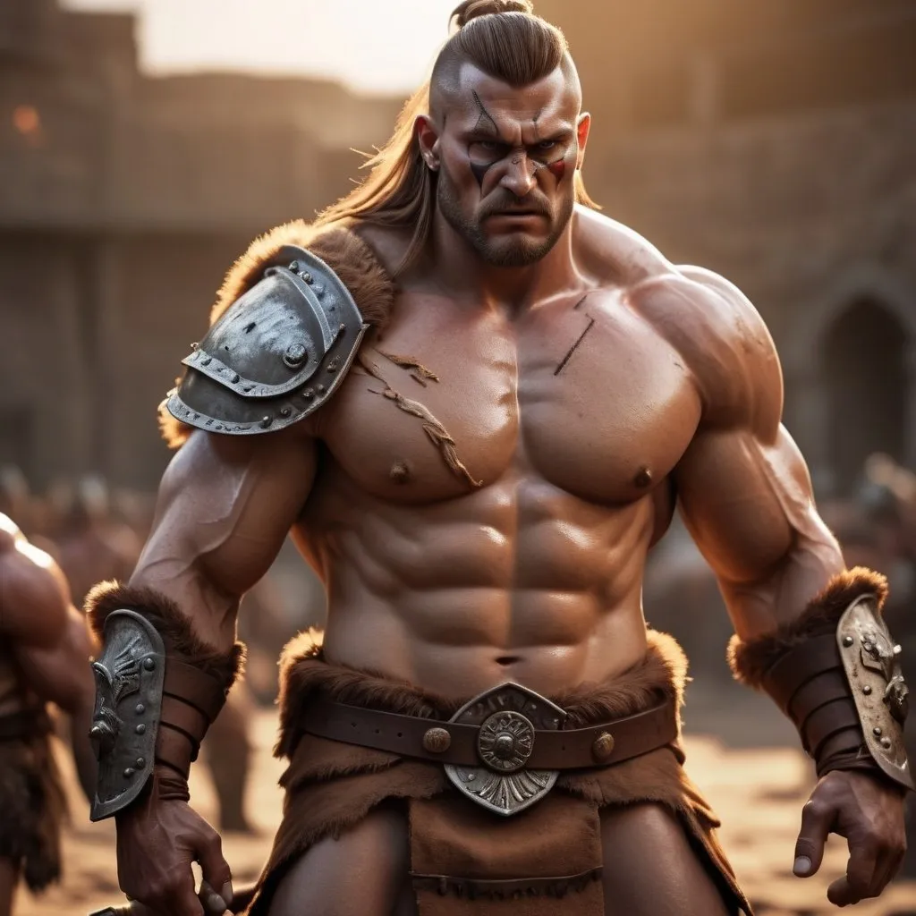 Prompt: hyper-realistic, Photorealistic, 4k, 3D barbarian warriors, 34C-25-33, arena battle, intense battle scene, Close fitting leather armor, short leather loincloths, heavily muscled, full body shot, realistic, intense action, muscular physique, detailed features, detailed armor and weapons, high quality, realistic, historical art, warm, earthy tones, dramatic lighting, dramatic shadows, epic battle, high quality, intense, earthy tones, Golden Hour Dawn lighting, natural lighting, realism
