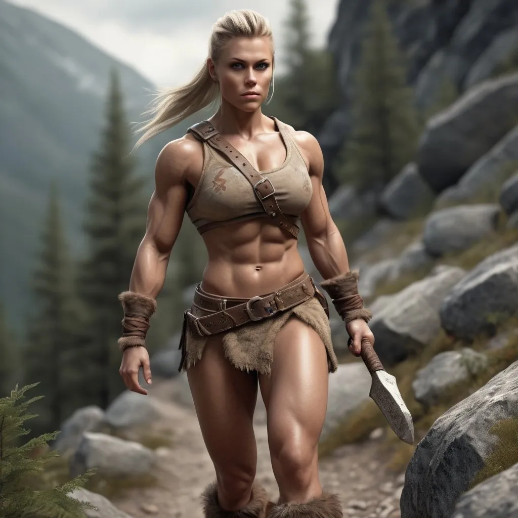 Prompt: Hyperrealistic, photorealistic, Nordic Barbarian female, fit and muscled physique, 34C-25-33, Full Body shot, coming down a mountain trail, Rocky terrain, high quality, realistic lighting, detailed muscles, earth tones, lifelike, realistic, forest setting