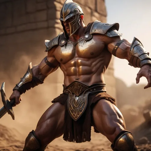 Prompt: hyper-realistic, Photorealistic, 4k, 3D, Amazon warriors, 34C-25-33, arena battle, intense battle scene, Close fitting leather armor, short leather loincloths, heavily muscled, full body shot, realistic, intense action, muscular physique, detailed features, detailed armor and weapons, high quality, realistic, historical art, warm, earthy tones, dramatic lighting, dramatic shadows, epic battle, high quality, intense, earthy tones, Golden Hour Dawn lighting, natural lighting, realism
