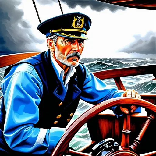 Prompt: Photorealistic, hyper realistic, ship captain at the wheel in bad squall, determination on weathered face, battling the elements, high quality, detailed, realistic, natural lighting, stormy seas, intense expression, traditional art style, maritime theme, wooden ship, turbulent weather, rugged features, professional artwork