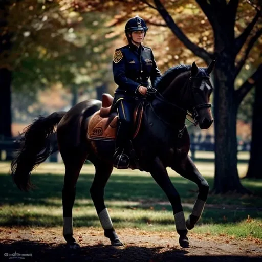 Prompt: Hyperrealistic, detailed, Cop on horse patrol on the Boston Common. Uniform: black leather Boston police jacket, Jodhpurs (Dark blue with red stripe on legs) black riding boots, riding helmet, realistic anatomy for horse and rider, crisp New England fall atmosphere, photorealistic, high quality, hyperrealism, detailed uniform, professional, Natural lighting, iconic Boston landmark, traditional art style, precise brushwork, autumnal foliage, realistic horse mane