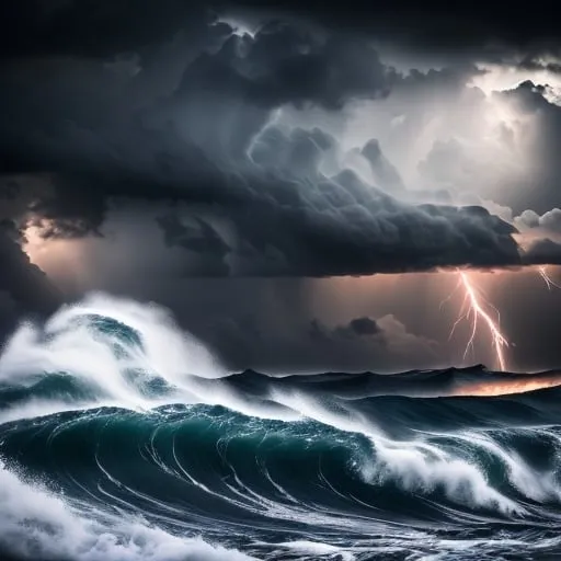 Prompt: Photorealistic, hyper realistic, deep stormy night at sea, schooner battling through the waves, lightning flashes, dramatic sky with dark clouds, ominous clouds, high seas, intense waves, powerful wind, detailed vessel, dramatic lighting, high quality, realistic, stormy, dramatic, dynamic composition, dark tones, atmospheric lighting