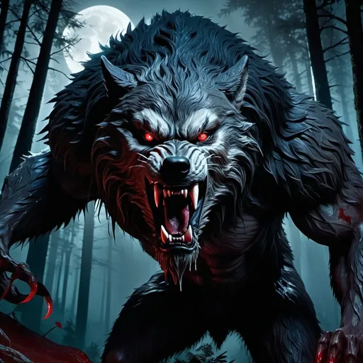 Prompt: Hyperrealism hyper  forest with a snarling giant werewolf, dripping blood, menacing, front claws raised, photorealistic, detailed fur, intense gaze, horror, supernatural, highres, ultra-detailed, professional, moonlight
atmospheric lighting, surreal, detailed eyes, sinister, dark tones, menacing atmosphere