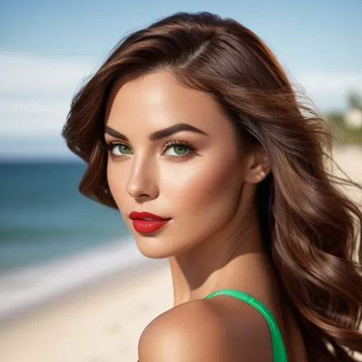 Prompt: Hyper-detailed, hyper-realistic, photorealistic composite face, heart-shaped head, almond-shaped green eyes, slim nose, arched eyebrows, mid-back dark, wavy, auburn hair with volume, elegantly styled, youthful, tanned complexion, Full lips with red lipstick, minimal eye shadow, Side view (Profile) symmetrical, best quality, highres, ultra-detailed, photorealistic, detailed eyes, professional, realistic lighting   Athletically built woman walking along lakeshore in swimsuit, sunny beach setting, realistic painting, strong and confident posture, vibrant and warm colors, beach landscape, high quality, realistic, strong and confident, sunny, beach setting, vibrant colors, realistic painting, beach landscape, confident posture, sunny lighting, professional