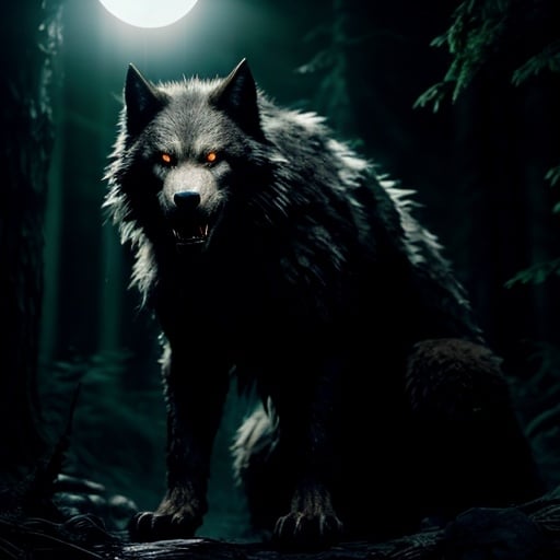 Prompt: Hyperrealism dark, moonlit forest with a snarling giant werewolf, dripping blood, menacing, front claws raised, photorealistic, detailed fur, intense gaze, horror, supernatural, highres, ultra-detailed, professional, moonlight
atmospheric lighting, detailed glowing eyes, sinister, dark tones, menacing atmosphere