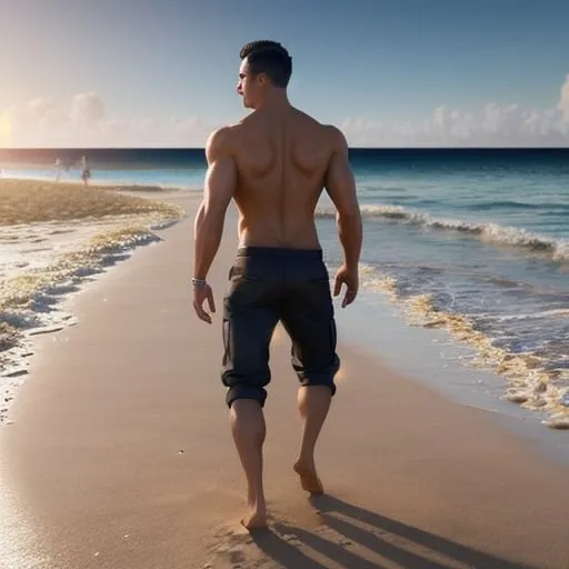 Prompt: Hyper realistic full-body rendering of Lucien Gearalt Tomás walking on a beach, photorealistic, sharp, highly detailed, bright and sunny beach setting, detailed facial features, realistic skin texture and tones, high quality, 4k resolution, photorealism, beach landscape, detailed rendering, crisp, full-body shot, realistic lighting