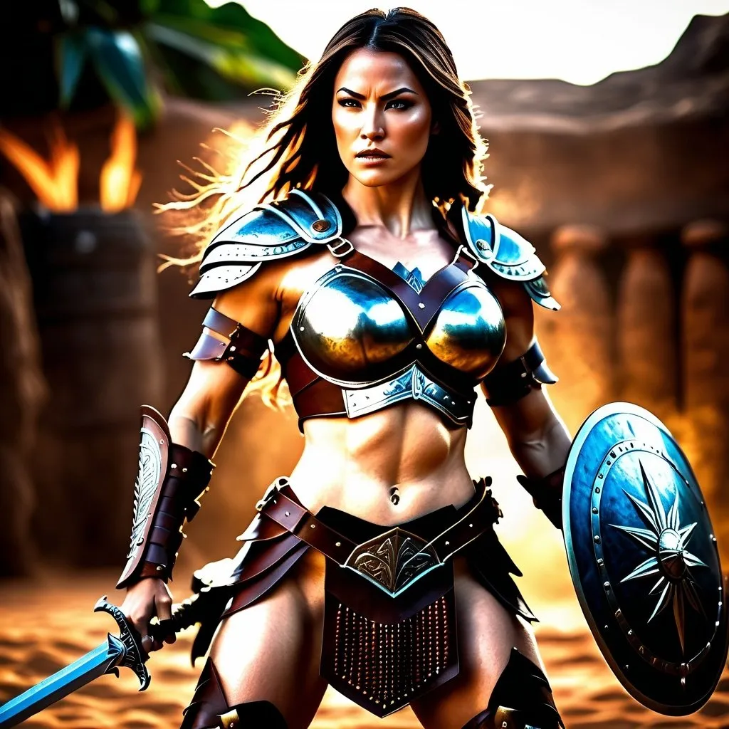 Prompt: hyper-realistic, Photorealistic, 4k, fierce female Amazon warriors, arena battle, intense battle scene, Breastplate armor, short leather loincloths, heavily muscled, full body shot, realistic, intense action, muscular physique, detailed features, detailed armor and weapons, high quality, realistic, historical art, earthy tones, dramatic lighting, dramatic shadows, epic battle, high quality, intense, earthy tones, natural lighting, realism

