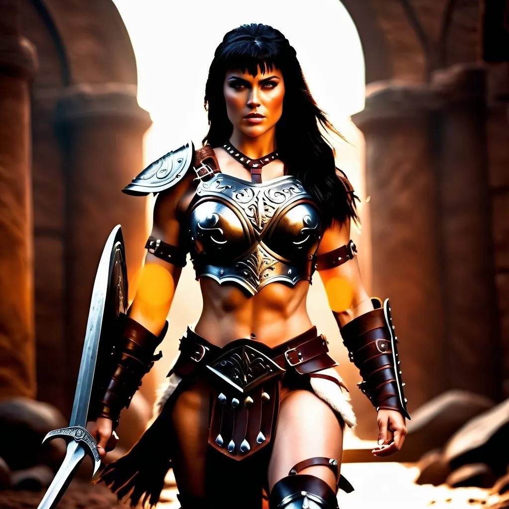 Prompt:  hyper-realistic, Photorealistic, 4k, 3D, fierce female Barbarian warriors, Leather Xena style armor, short leather loincloths, heavily muscled, full body shot, realistic, intense action, muscular physique, detailed features, detailed armor and weapons, high quality, realistic, historical art, warm, earthy tones, dramatic lighting, dramatic shadows, epic battle, high quality, intense, earthy tones, Golden Hour Dawn lighting, natural lighting, realism



