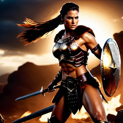 Prompt:  hyper-realistic, Photorealistic, 4k, 3D, fierce female Barbarian warriors, intense battle scene, leather breastplate armor, short leather loincloths, heavily muscled, full body shot, realistic, intense action, muscular physique, detailed features, detailed armor and weapons, high quality, realistic, historical art, warm, earthy tones, dramatic lighting, dramatic shadows, epic battle, high quality, intense, earthy tones, Golden Hour Dawn lighting, natural lighting, realism



