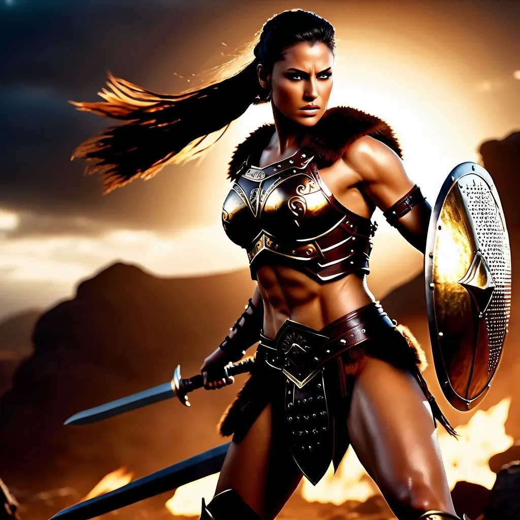 Prompt:  hyper-realistic, Photorealistic, 4k, 3D, fierce female Barbarian warriors, intense battle scene, leather breastplate armor, short leather loincloths, heavily muscled, full body shot, realistic, intense action, muscular physique, detailed features, detailed armor and weapons, high quality, realistic, historical art, warm, earthy tones, dramatic lighting, dramatic shadows, epic battle, high quality, intense, earthy tones, Golden Hour Dawn lighting, natural lighting, realism



