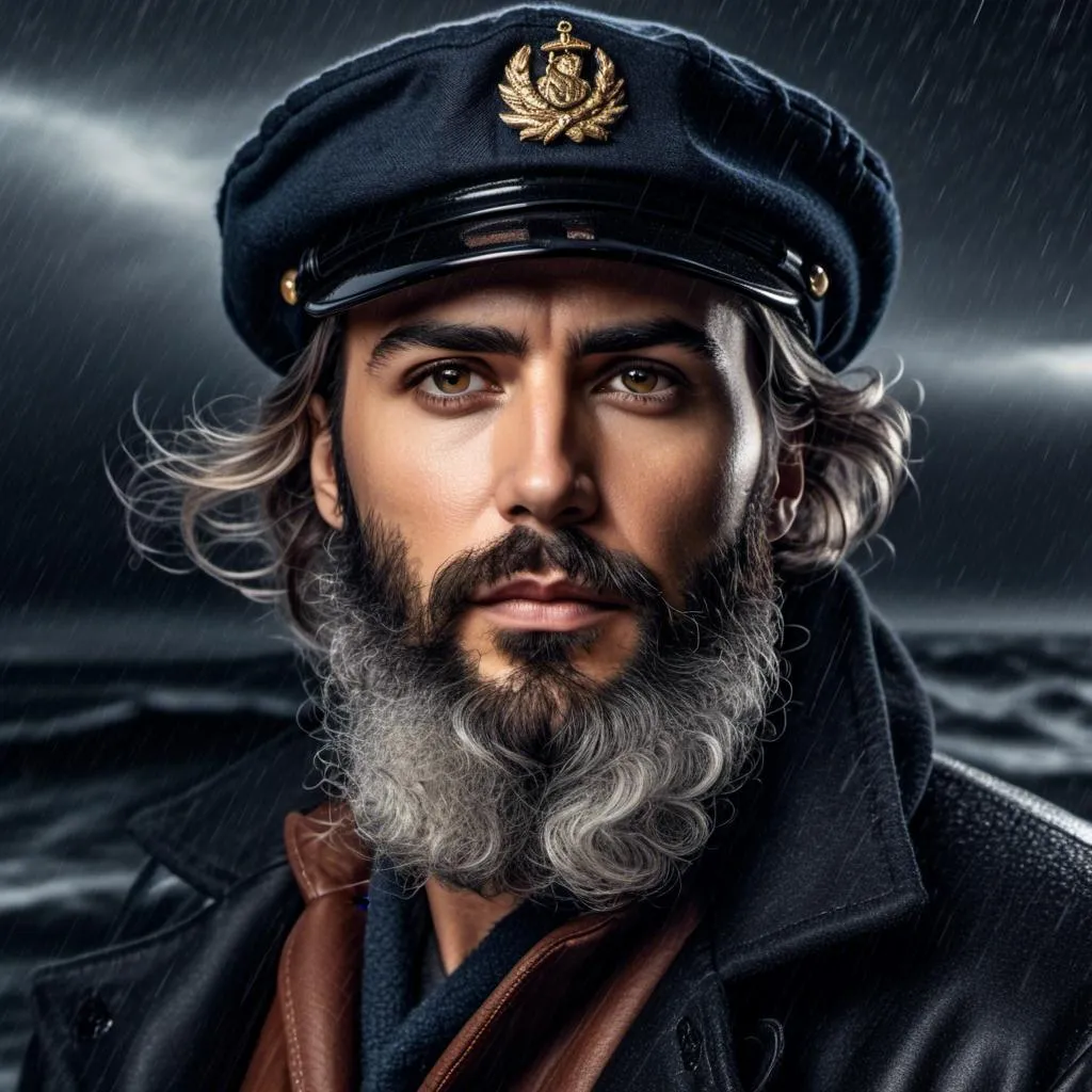 Prompt: <mymodel>Rugged old sea captain with a white beard, rain coat and Sou'wester hat, guiding ship through bad storm at sea, oil painting, intense waves crashing, high contrast, dramatic lighting, detailed facial features, stormy atmosphere, realistic style, dark and moody tones, high quality, oil painting, dramatic lighting, detailed facial features, stormy atmosphere, realistic style, dark and moody tones