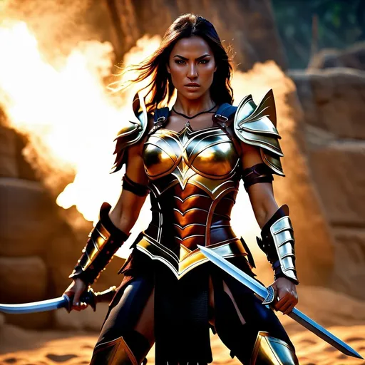 Prompt: hyper-realistic, Photorealistic, 4k, 3D, fierce female Amazon warriors, arena battle, intense battle scene, Breastplate armor, short leather loincloths, heavily muscled, full body shot, realistic, intense action, muscular physique, detailed features, detailed armor and weapons, high quality, realistic, historical art, earthy tones, dramatic lighting, dramatic shadows, epic battle, high quality, intense, earthy tones,  golden hour lighting, natural lighting, realism

