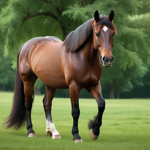 Prompt: Hyperrealistic, photorealistic, full body shot, dark chestnut horse walking in a paddock, lush green grass, detailed fur with realistic texture, intense and focused gaze, best quality, 4k, ultra-detailed, realistic, natural lighting, detailed eyes, professional, atmospheric setting