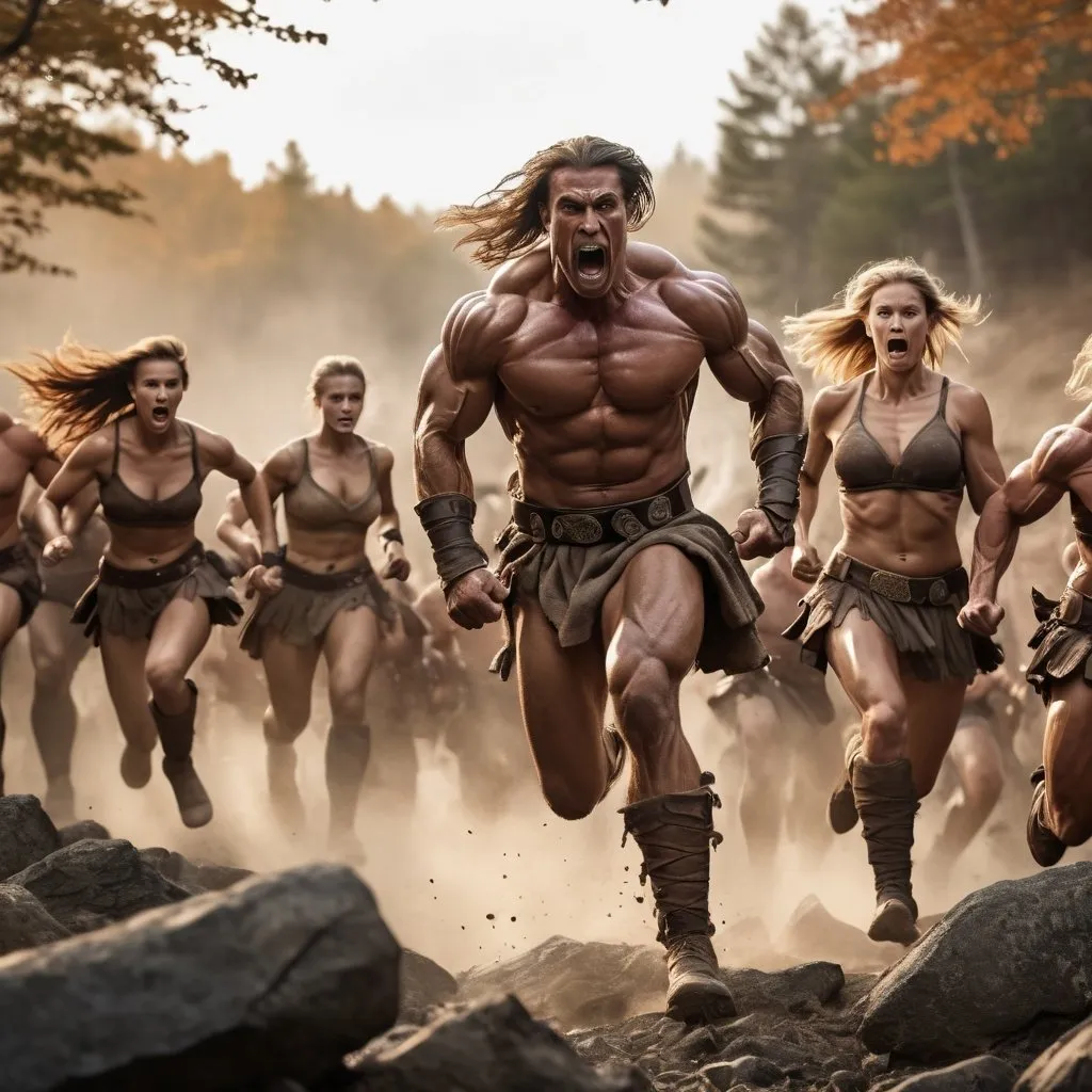 Prompt: A horde of Fit and muscled male and female barbarians clad only in breechclouts, running into battle on rocky terrain, full body shot, realistic lighting in golden hour, earth tones, forest setting, high quality, lifelike, action-packed, intense, dynamic poses, dramatic lighting, detailed muscle definition, rugged terrain, fierce expressions, forest landscape