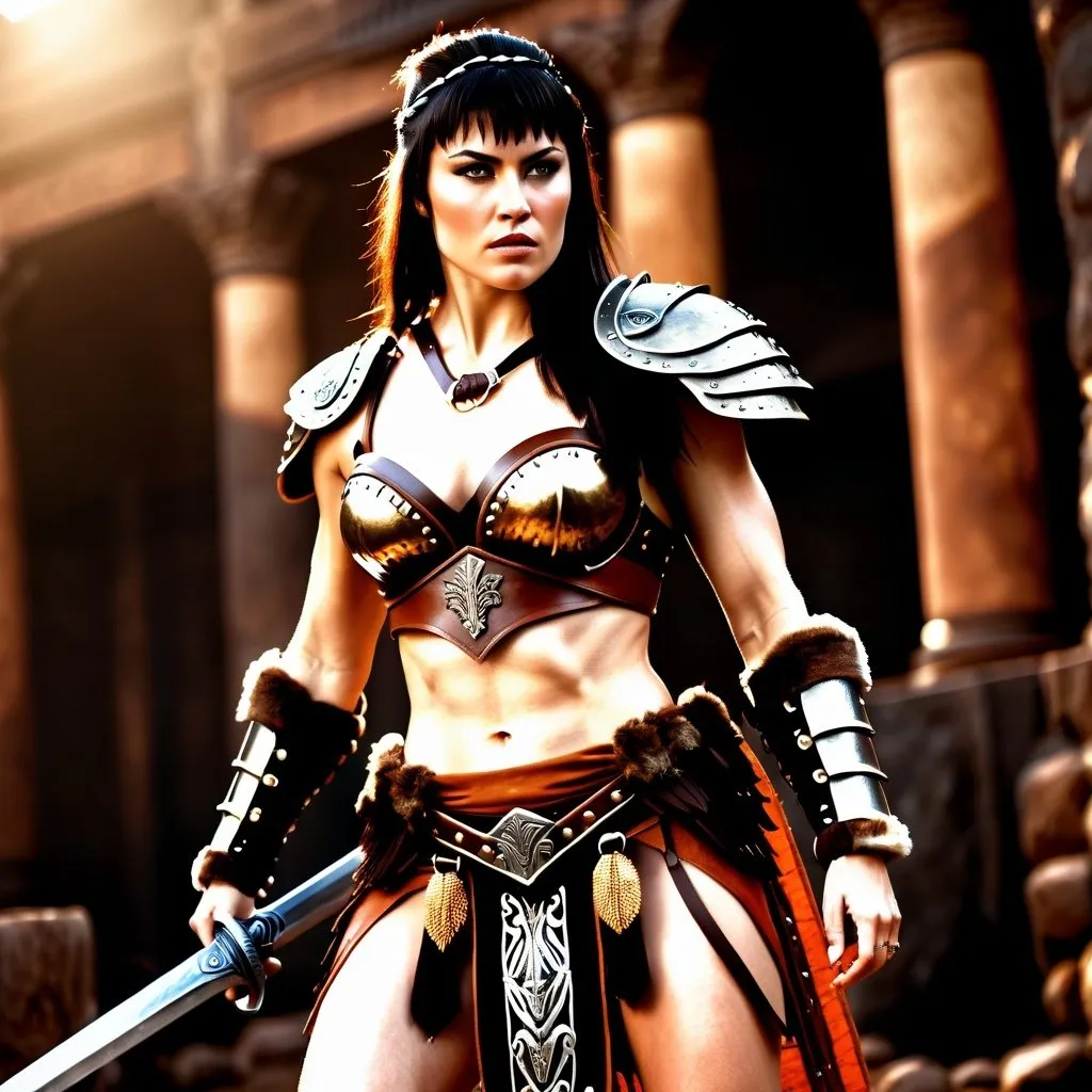 Prompt:  hyper-realistic, Photorealistic, 4k, 3D, fierce female Barbarian warriors, Leather Xena style armor, short leather loincloths, heavily muscled, full body shot, realistic, intense action, muscular physique, detailed features, detailed armor and weapons, high quality, realistic, historical art, warm, earthy tones, dramatic lighting, dramatic shadows, epic battle, high quality, intense, earthy tones, Golden Hour Dawn lighting, natural lighting, realism



