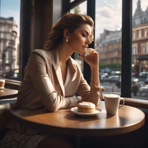 Prompt: Hyper realistic, photorealistic, highly detailed, woman, lowcut blouse, short skirt, sitting by a window at a raised table in a coffee shop, drinking Capuchino, pastry on plate on table, busy city outside, detailed facial features, realistic lighting, professional art, urban setting, cityscape, best quality, 4k, detailed clothing, realistic textures, modern city, professional artist, atmospheric lighting