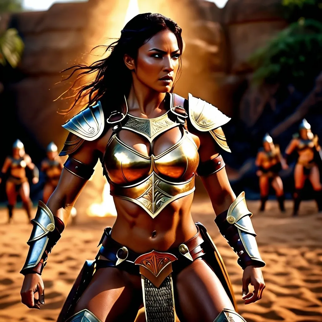 Prompt: hyper-realistic, Photorealistic, 4k, 3D, fierce female Amazon warriors, arena battle, intense battle scene, Breastplate armor, short leather loincloths, heavily muscled, full body shot, realistic, intense action, muscular physique, detailed features, detailed armor and weapons, high quality, realistic, historical art, warm, earthy tones, dramatic shadows, epic battle, high quality, intense, earthy tones, Golden Hour Dawn lighting, natural lighting, realism

