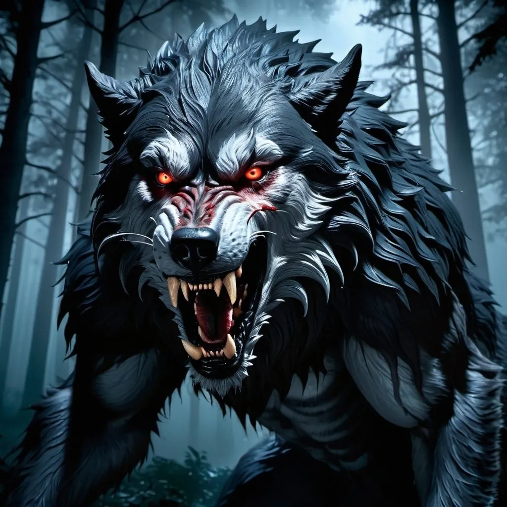 Prompt: Hyperrealism hyper  forest with a snarling giant werewolf, dripping blood, menacing, front claws raised, photorealistic, detailed fur, intense gaze, horror, supernatural, highres, ultra-detailed, professional, moonlight
atmospheric lighting, surreal, detailed eyes, sinister, dark tones, menacing atmosphere