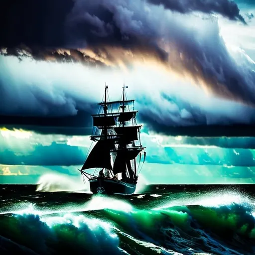 Prompt: Photorealistic, hyper-realistic, schooner sailing on stormy sea, battling to reach port, dramatic waves crashing, ominous dark clouds, detailed ship structure, intense and chaotic atmosphere, high quality, realistic, dramatic lighting, stormy seascape