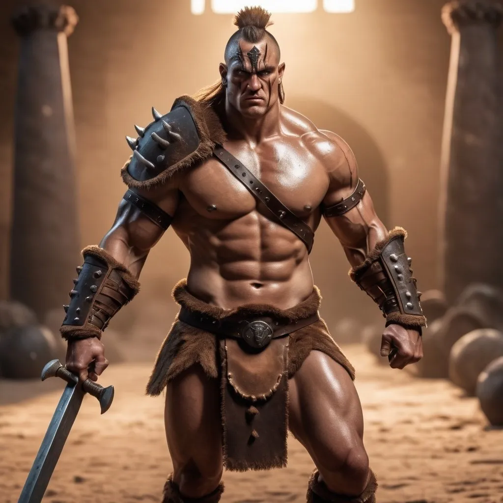 Prompt: hyper-realistic, Photorealistic, 4k, 3D barbarian warriors, 34C-25-33, arena battle, intense battle scene, Close fitting leather armor, short leather loincloths, heavily muscled, full body shot, realistic, intense action, muscular physique, detailed features, detailed armor and weapons, high quality, realistic, historical art, warm, earthy tones, dramatic lighting, dramatic shadows, epic battle, high quality, intense, earthy tones, Golden Hour Dawn lighting, natural lighting, realism
