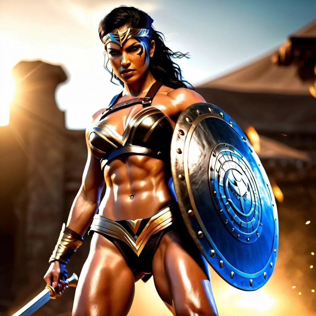 Prompt: hyper-realistic, Photorealistic, 4k, fierce female Amazon warriors, arena battle, stripped to the waist, short leather loincloths, heavily muscled, full body shot, golden hour lighting, realistic, intense action, muscular physique, detailed features, dramatic shadows, epic battle, high quality, intense, natural lighting