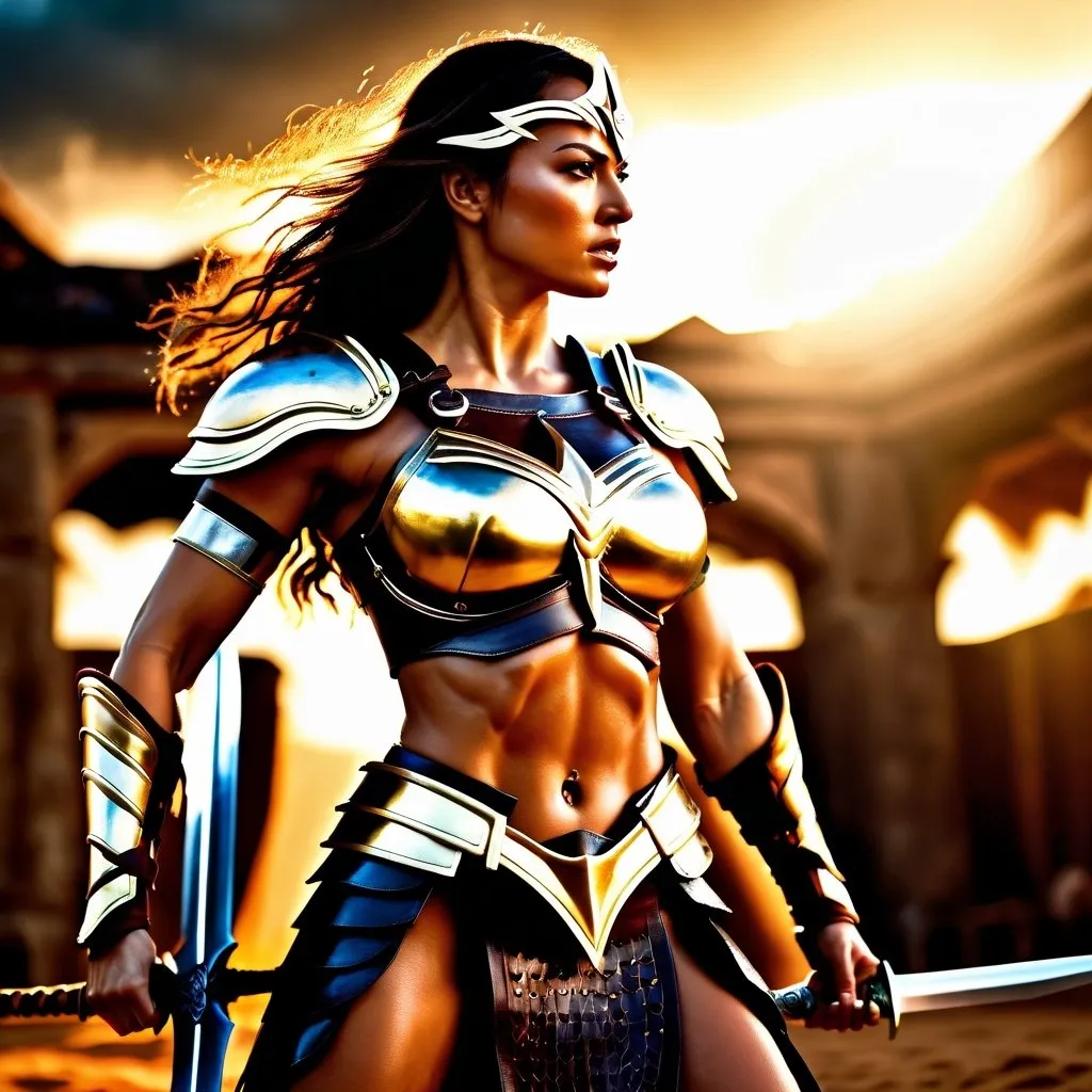 Prompt: hyper-realistic, Photorealistic, 4k, fierce female Amazon warriors, arena battle, intense battle scene, Breastplate armor, short leather loincloths, heavily muscled, full body shot, golden hour lighting, realistic, intense action, muscular physique, detailed features, detailed armor and weapons, high quality, realistic, historical art, earthy tones, dramatic lighting, dramatic shadows, epic battle, high quality, intense, earthy tones, natural lighting, realism

