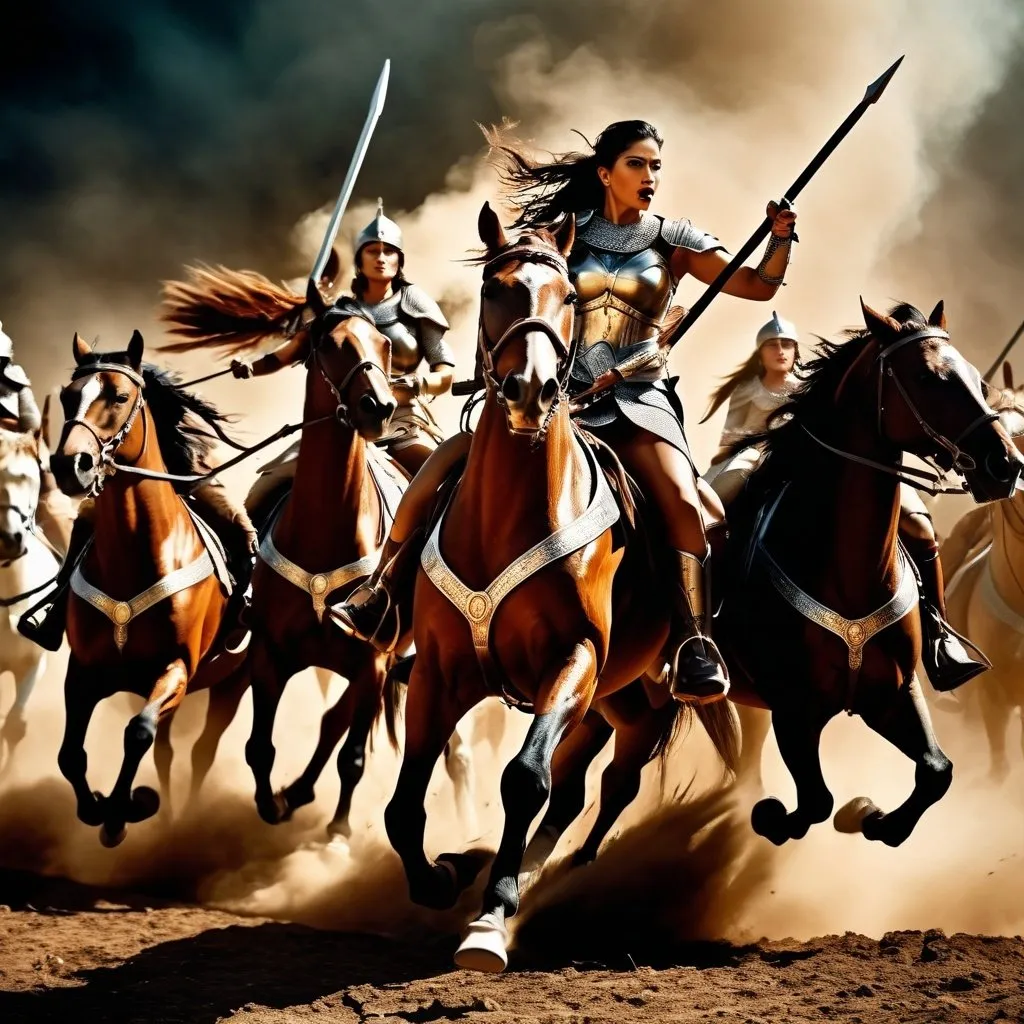 Prompt: Group of female Amazon warriors charging, bare-breasted, their queen in front, charging on horseback, intense battle scene, ancient warfare, detailed armor and weapons, dynamic action, high quality, realistic, historical art, earthy tones, dramatic lighting