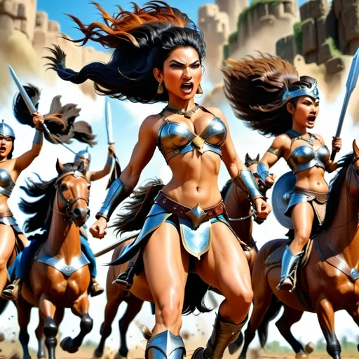 Prompt: Group of female Amazon warriors charging, bare-breasted, their queen in front, charging on horseback, intense battle scene, ancient warfare, detailed armor and weapons, dynamic action, high quality, realistic, historical art, earthy tones, dramatic lighting