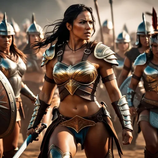Prompt: hyper-realistic, Photorealistic, 4k, fierce female Amazon warriors, arena battle, intense battle scene, Breastplate armor, short leather loincloths, heavily muscled, full body shot, realistic, intense action, muscular physique, detailed features, detailed armor and weapons, high quality, realistic, historical art, earthy tones, dramatic lighting, dramatic shadows, epic battle, high quality, intense, earthy tones, natural lighting, realism
