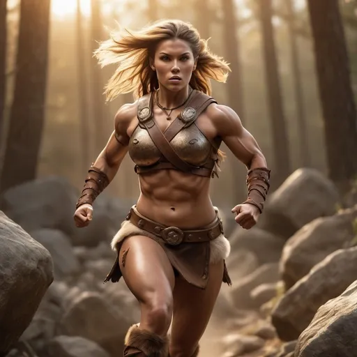 Prompt: Hyperrealistic, photorealistic, several -breasted Barbarian females, fit and muscled physique, Full Body shot running into battle, Rocky terrain, high quality, Golden Hour realistic lighting, earth tones, lifelike, realistic, forest setting