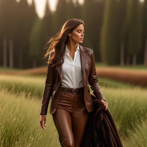 Prompt: <mymodel> Hyper realistic full-body, rendering of an athletically built 34-25-33, height 5' 7", walking and leading a dark chestnut thoroughbred, across a verdant field in casual attire, no hat. photorealistic, sharp, highly detailed, Golden Hour beach setting, detailed facial features, realistic skin texture and tones, high quality, 4k resolution, photorealism, beach landscape, detailed rendering, crisp, full-body shot, realistic lighting
